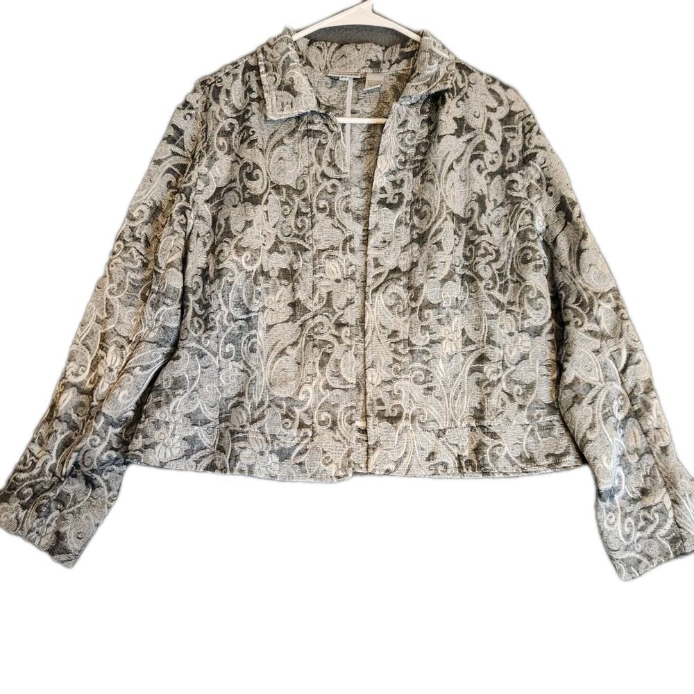 Chico's Jacket Women Sz 2 US Large Gray Metallic Textured Jacquard Open Art Wear